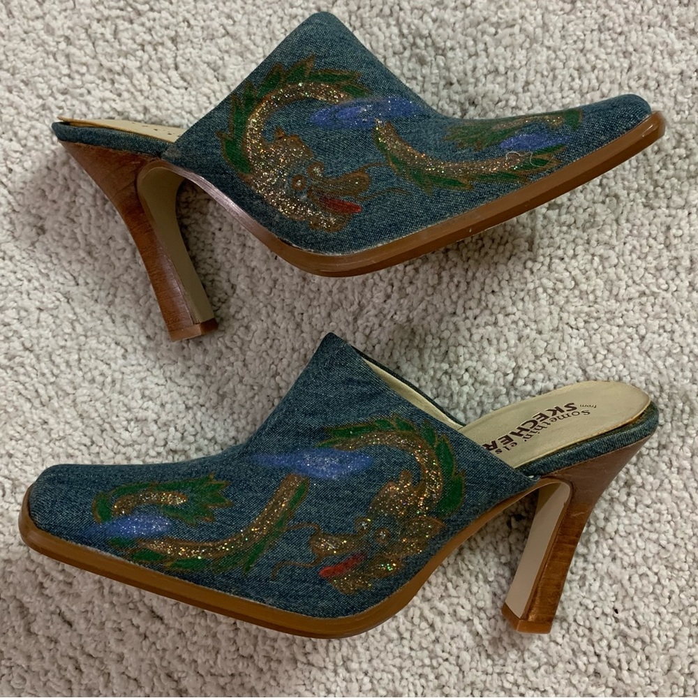 Women’s VINTAGE 90’s Y2K Blue DENIM High Heel GLITTER Painted MULES Shoes  7